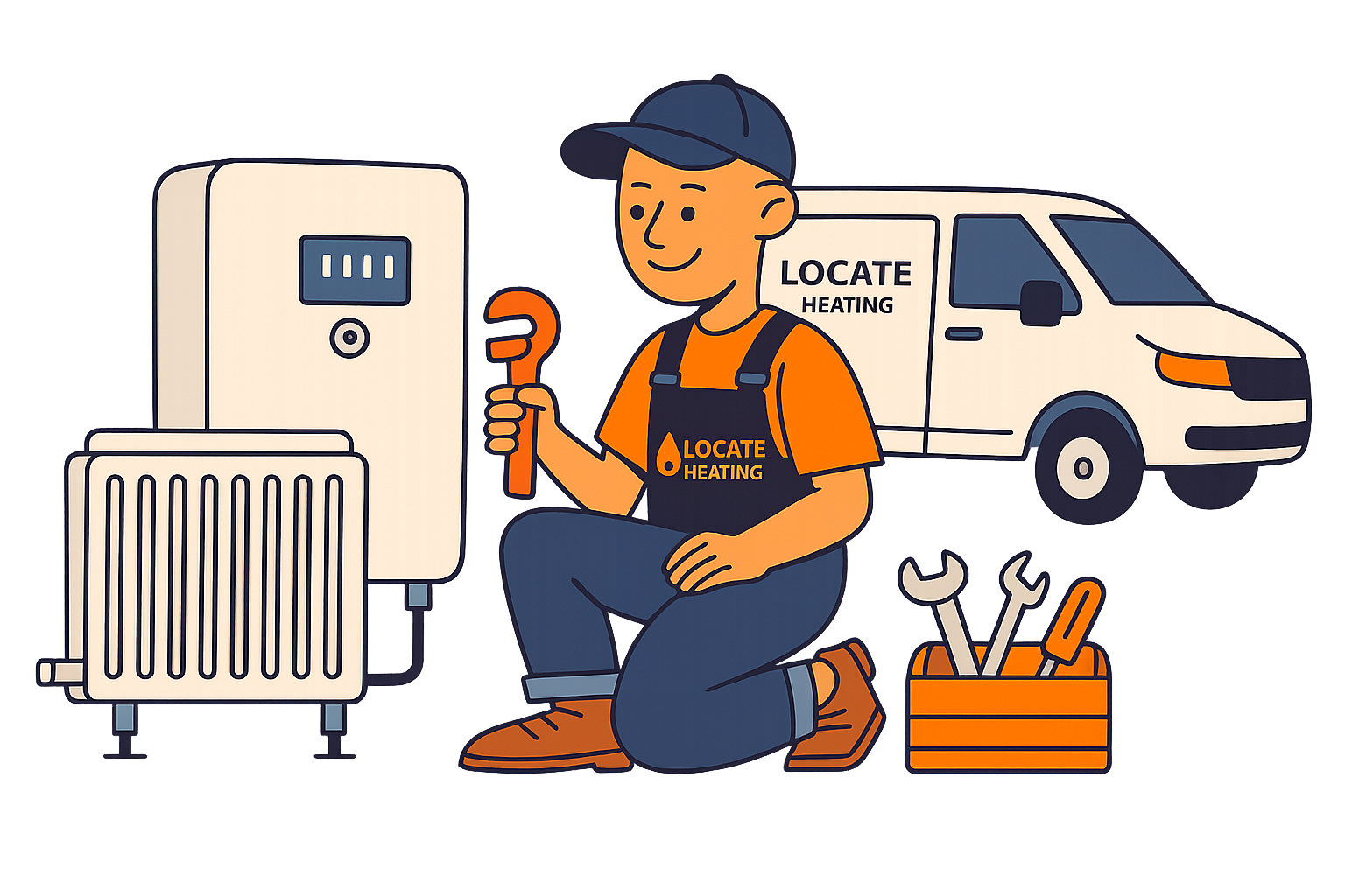 Phil from Locate Heating working on a boiler with radiator and van